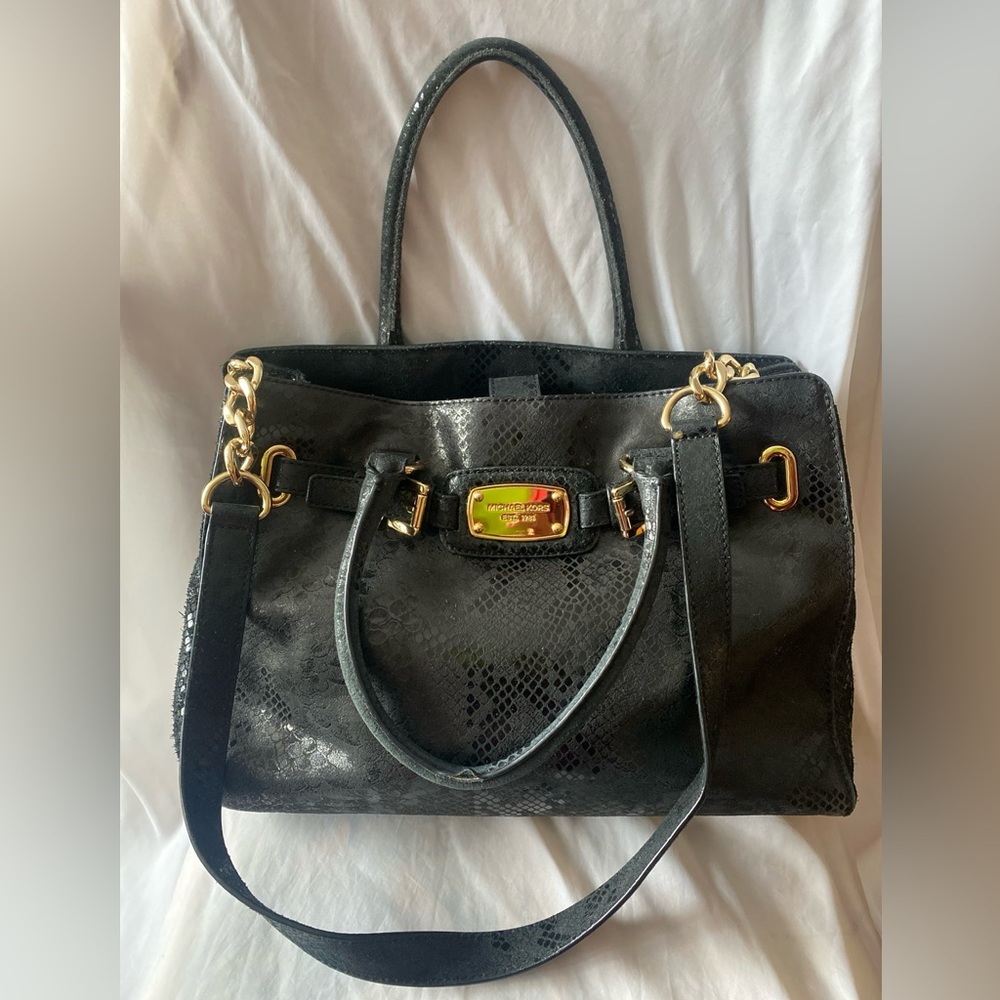 Michael Kors $500 Tote Large Shoulder Crossbody bag Black Suede leather Snake